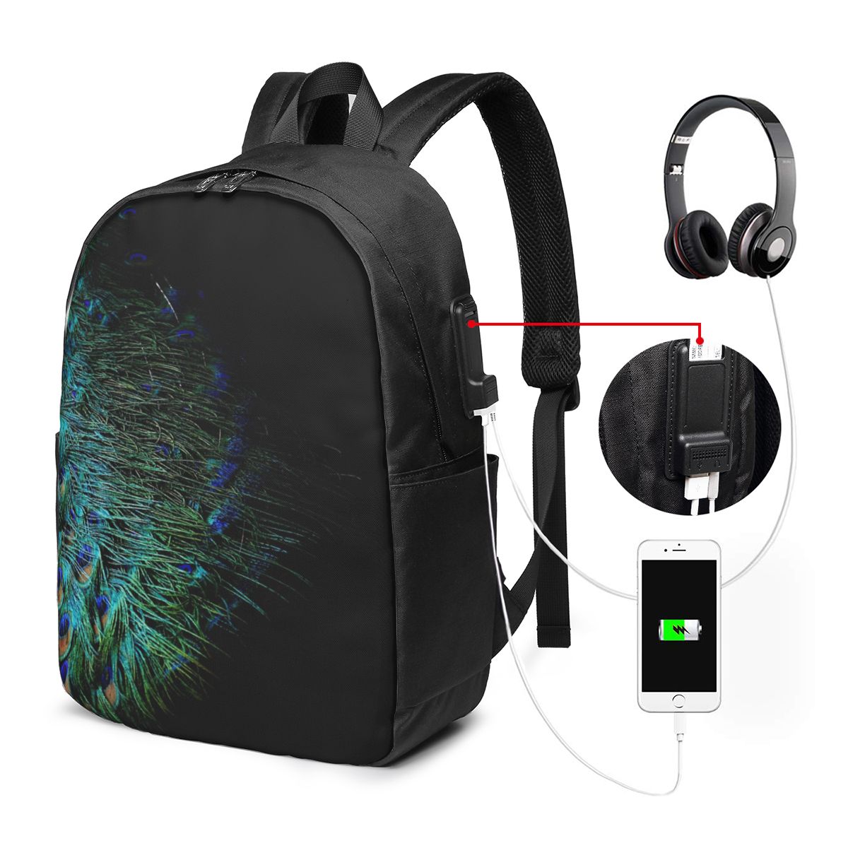 Laptop Bag - Pauwenveren op een zwarte achtergrond Rugzak