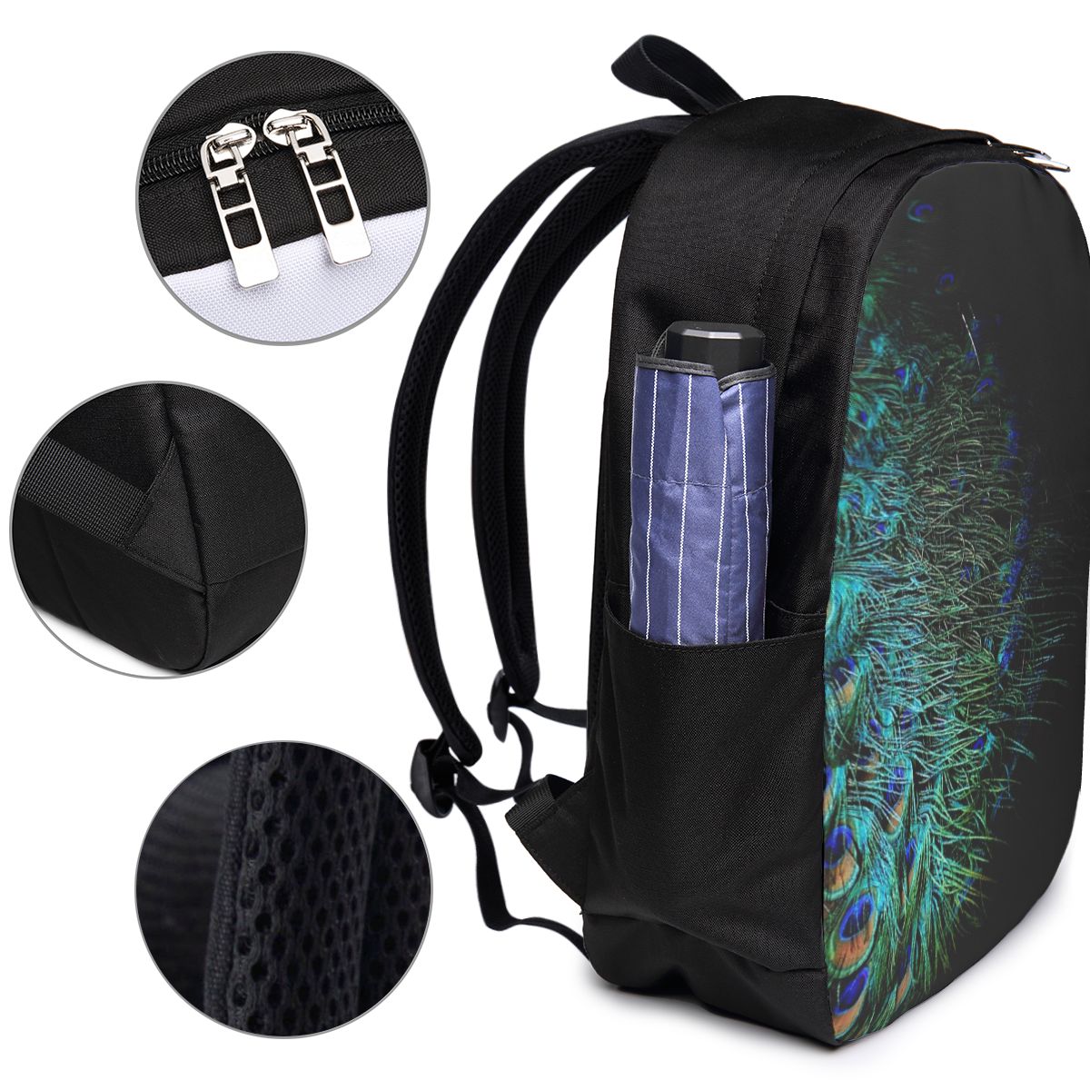 Pauwenveren op een zwarte acht - Laptop Bag recensie en prijs
